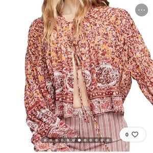 Free People Rust and Mustard Floral Tie-Front Peasant Blouse